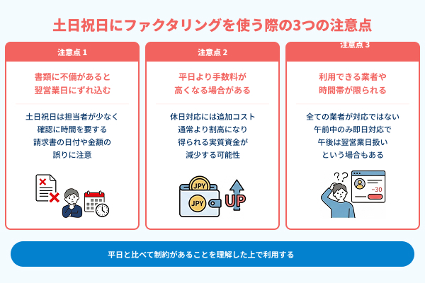土日祝日にファクタリングを使う際の3つの注意点の図解